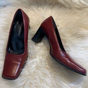 Leather square toe retro chunky heel oxblood